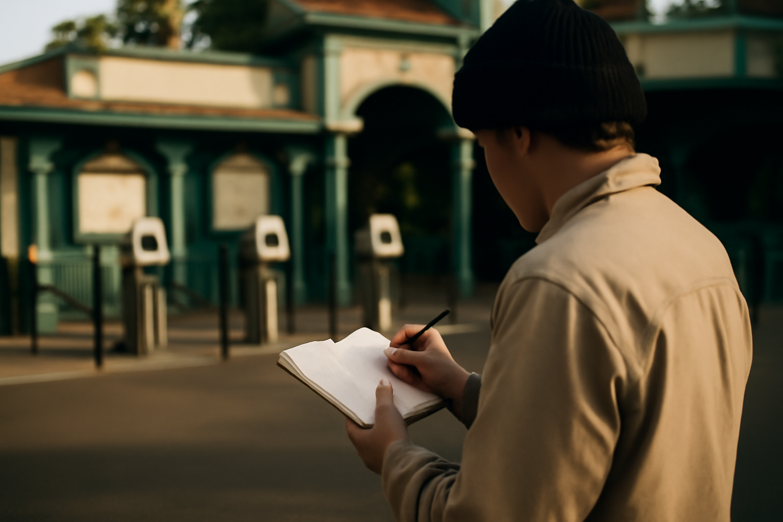 photo photoréaliste d’une personne prenant des notes sur un carnet devant un guichet de parc d’attractions