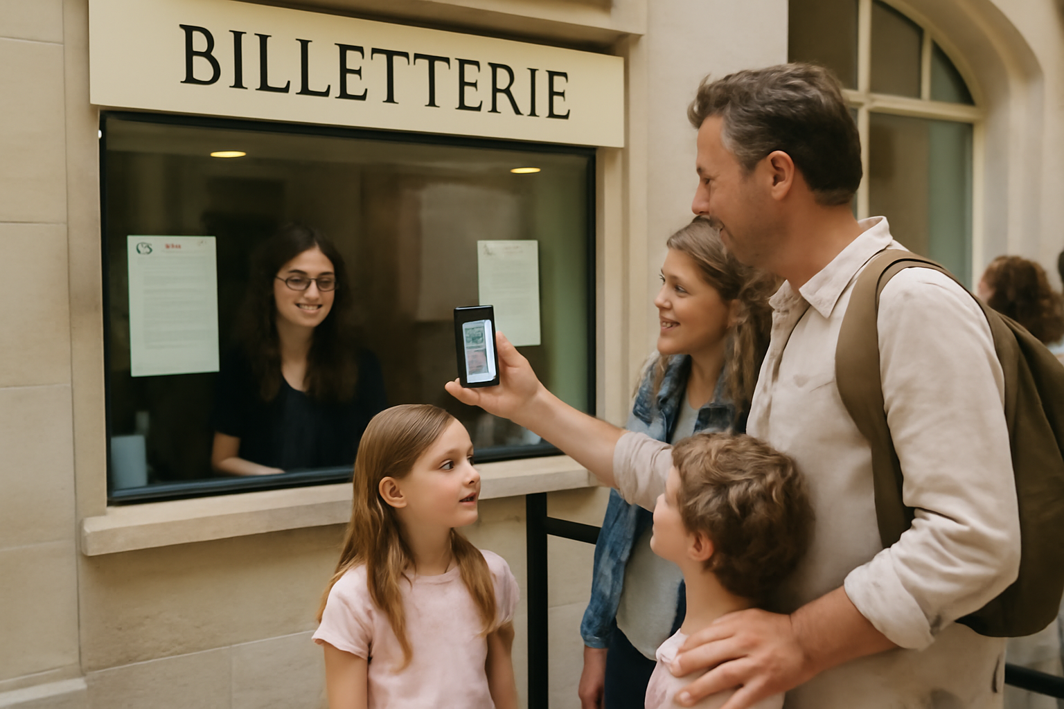 photo photoréaliste d’une famille devant une billetterie de musée avec un billet sur téléphone
