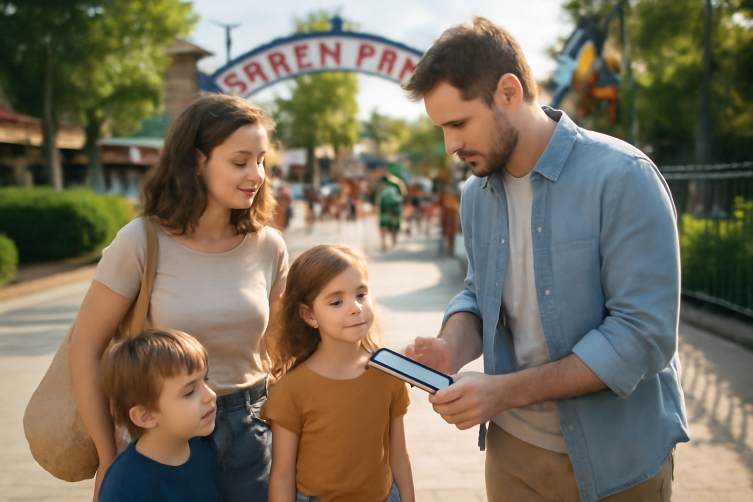 Famille devant l’entrée d’un parc de loisirs en plein air avec un billet sur mobile