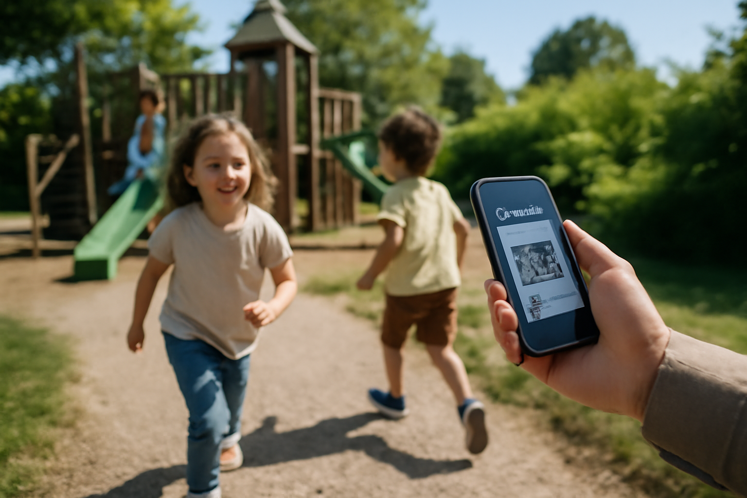 Enfants jouant en extérieur dans un parc de loisirs avec un adulte tenant un pass