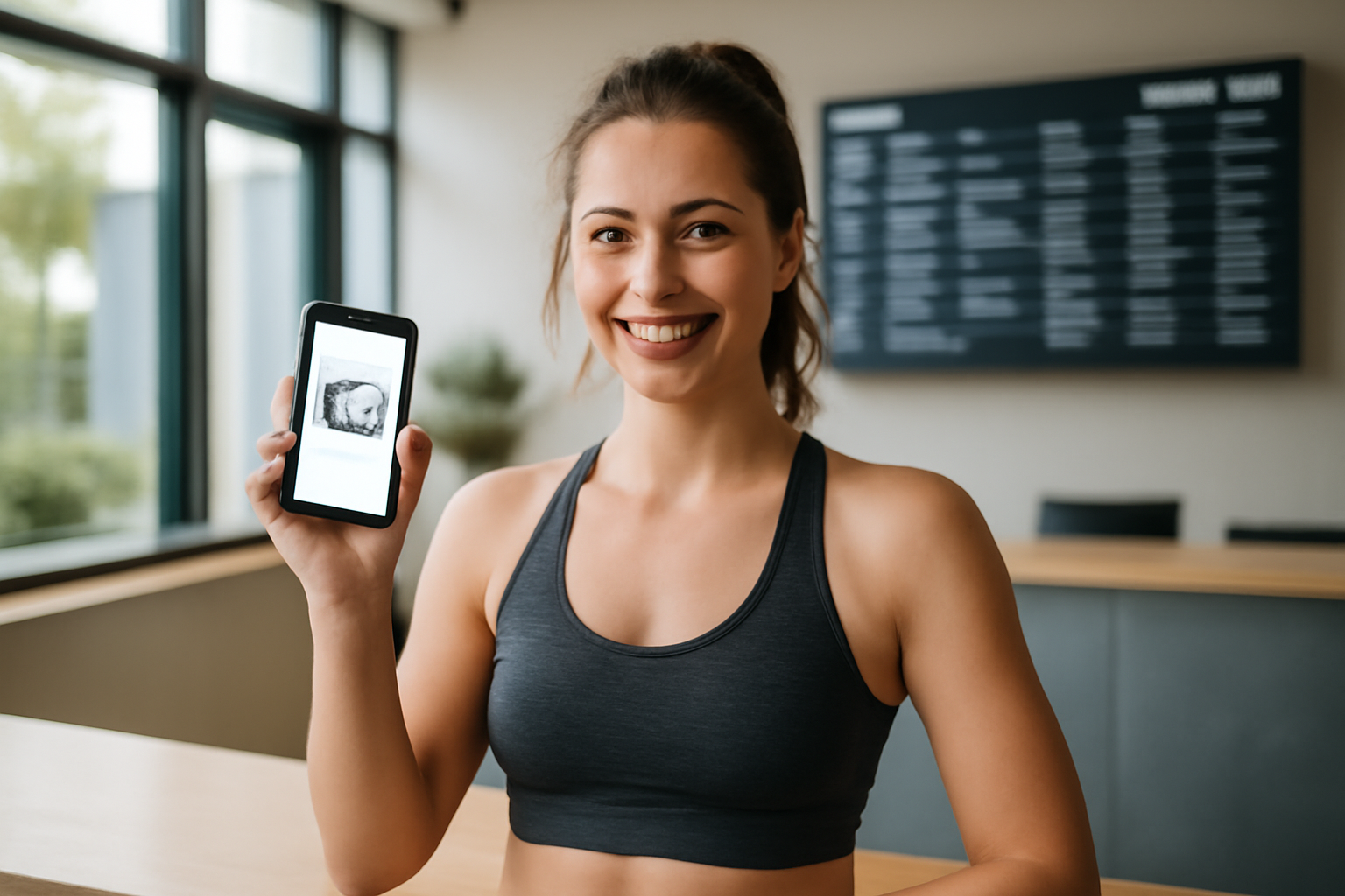 Personne à la réception d’une salle de sport, avec un pass sur smartphone et un planning de cours affiché