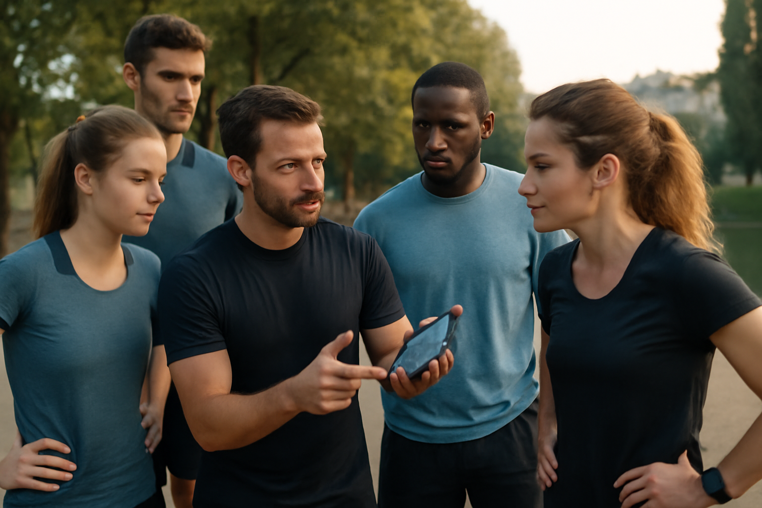 Groupe en extérieur portant des chaussures de course, au départ d’une sortie running encadrée près d’un parc