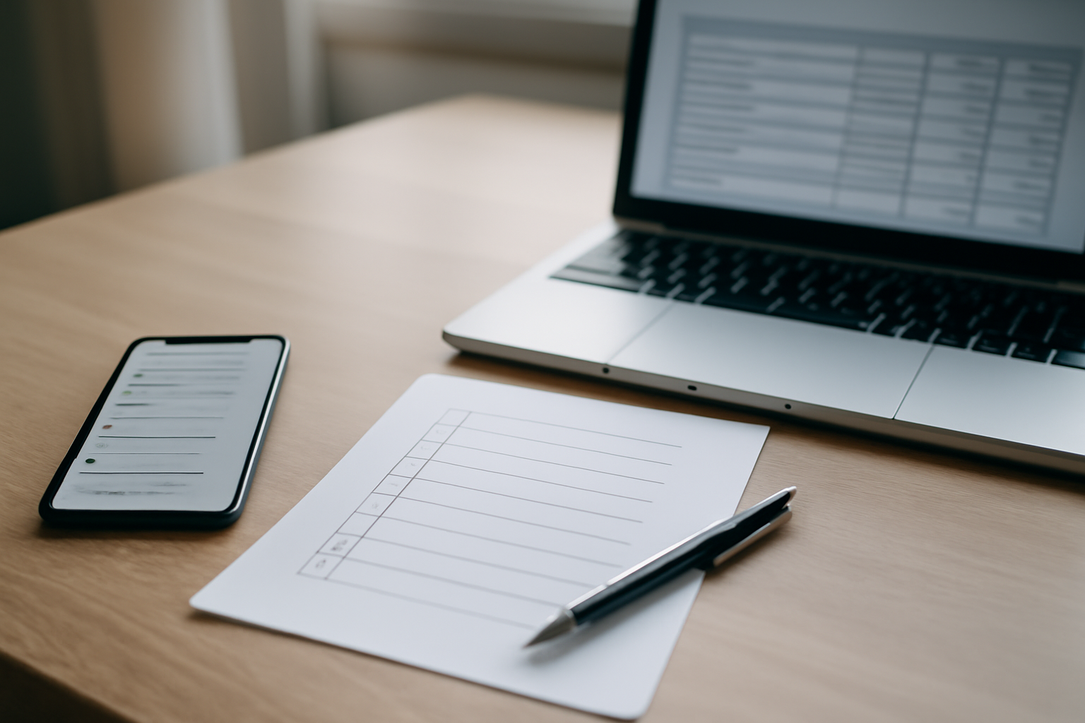 Document d’offre et téléphone sur une table, avec un stylo et un ordinateur portable, ambiance bureau
