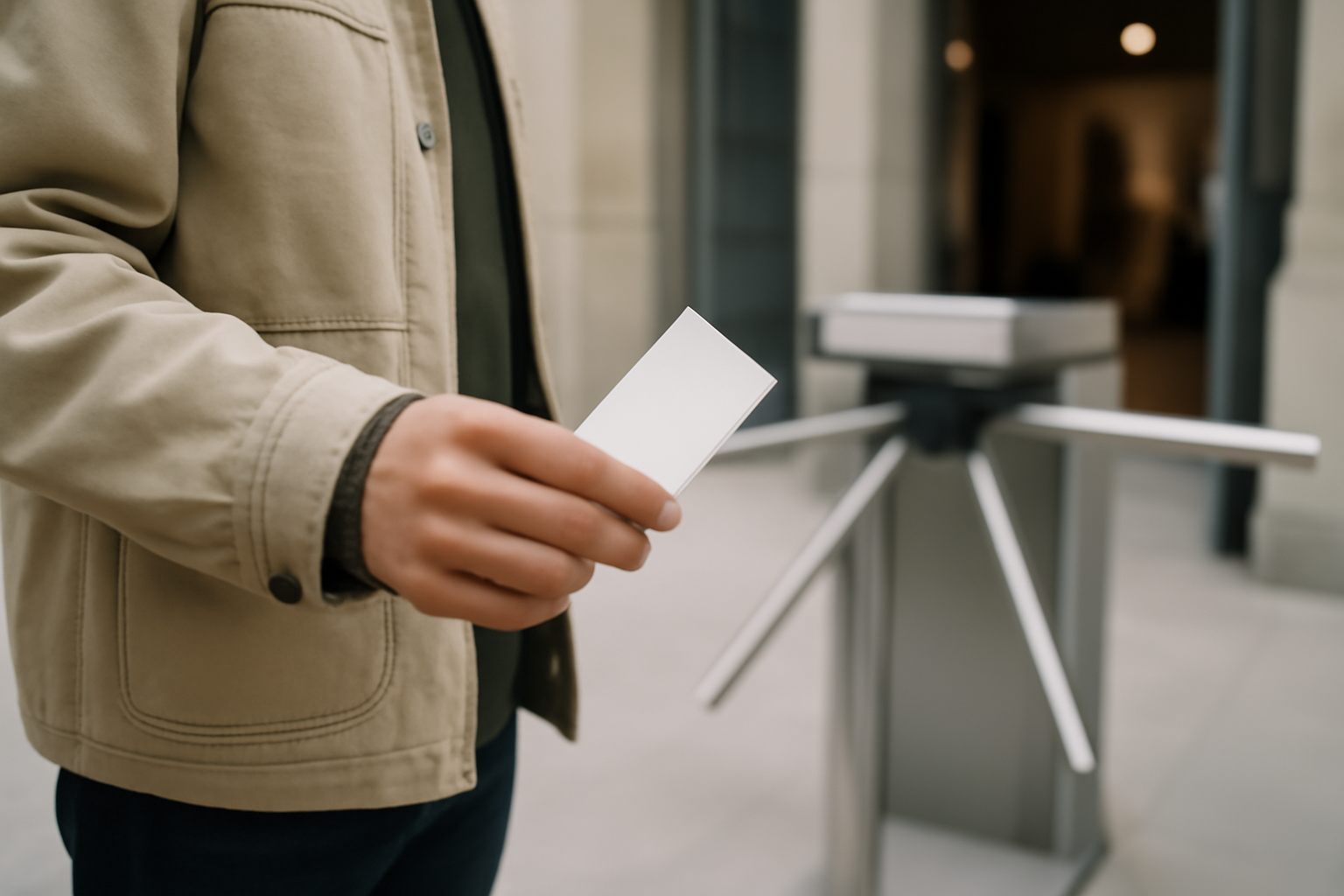 Personne tenant un billet ou une carte d’accès devant un tourniquet à l’entrée d’un lieu culturel, ambiance réaliste