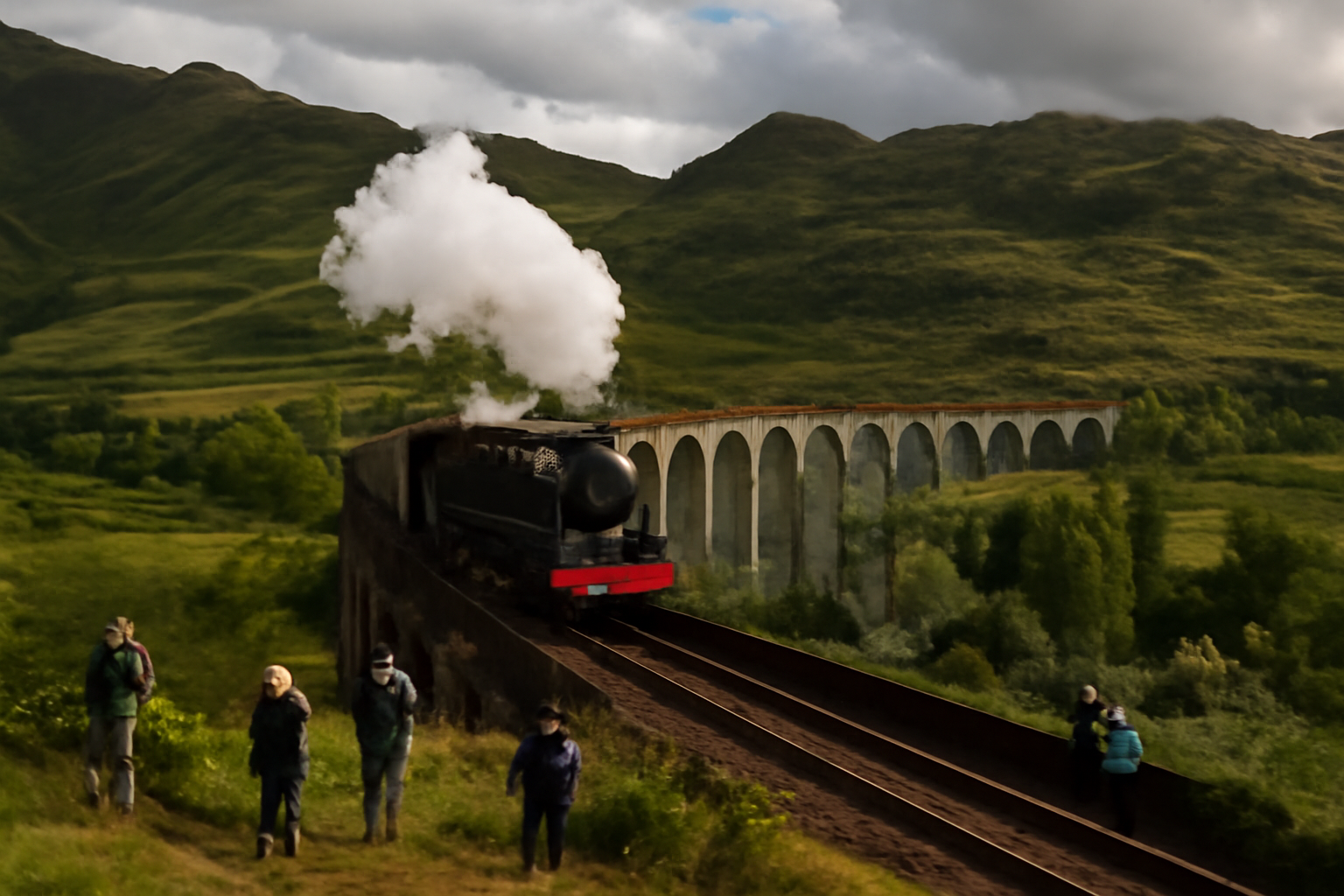 Jacobite steam train à vapeur sur le viaduc de Glenfinnan, nuages et vapeur sortant de la locomotive, voyageurs au premier plan