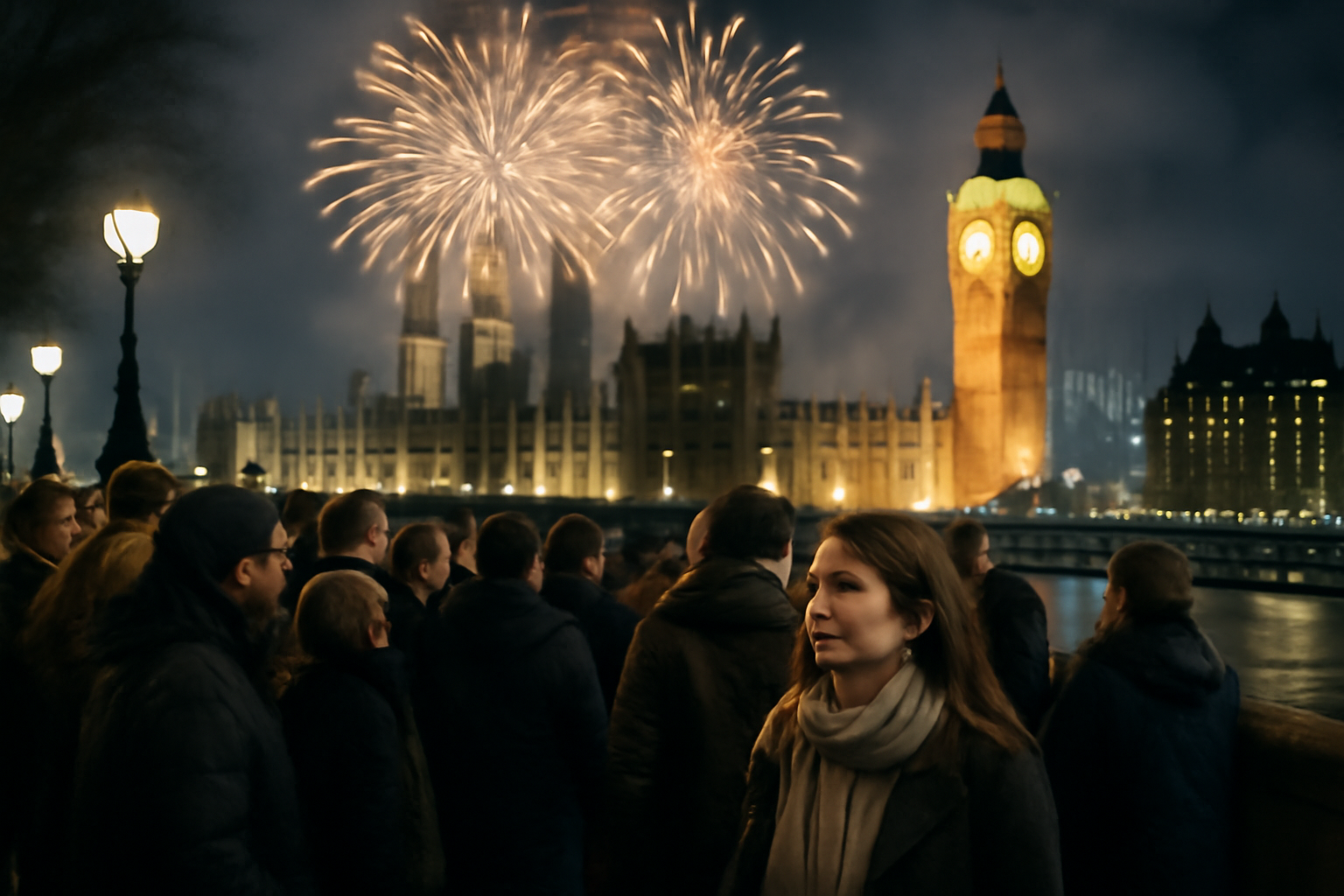 Feux d’artifice du nouvel an londres vus depuis la Tamise à Westminster, ambiance hivernale