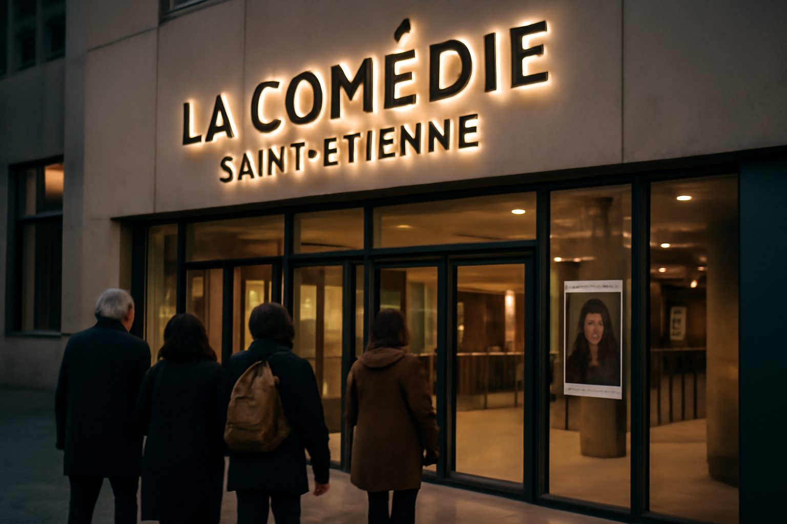 Façade de La Comédie de Saint-Étienne, entrée de théâtre et public arrivant avant la représentation