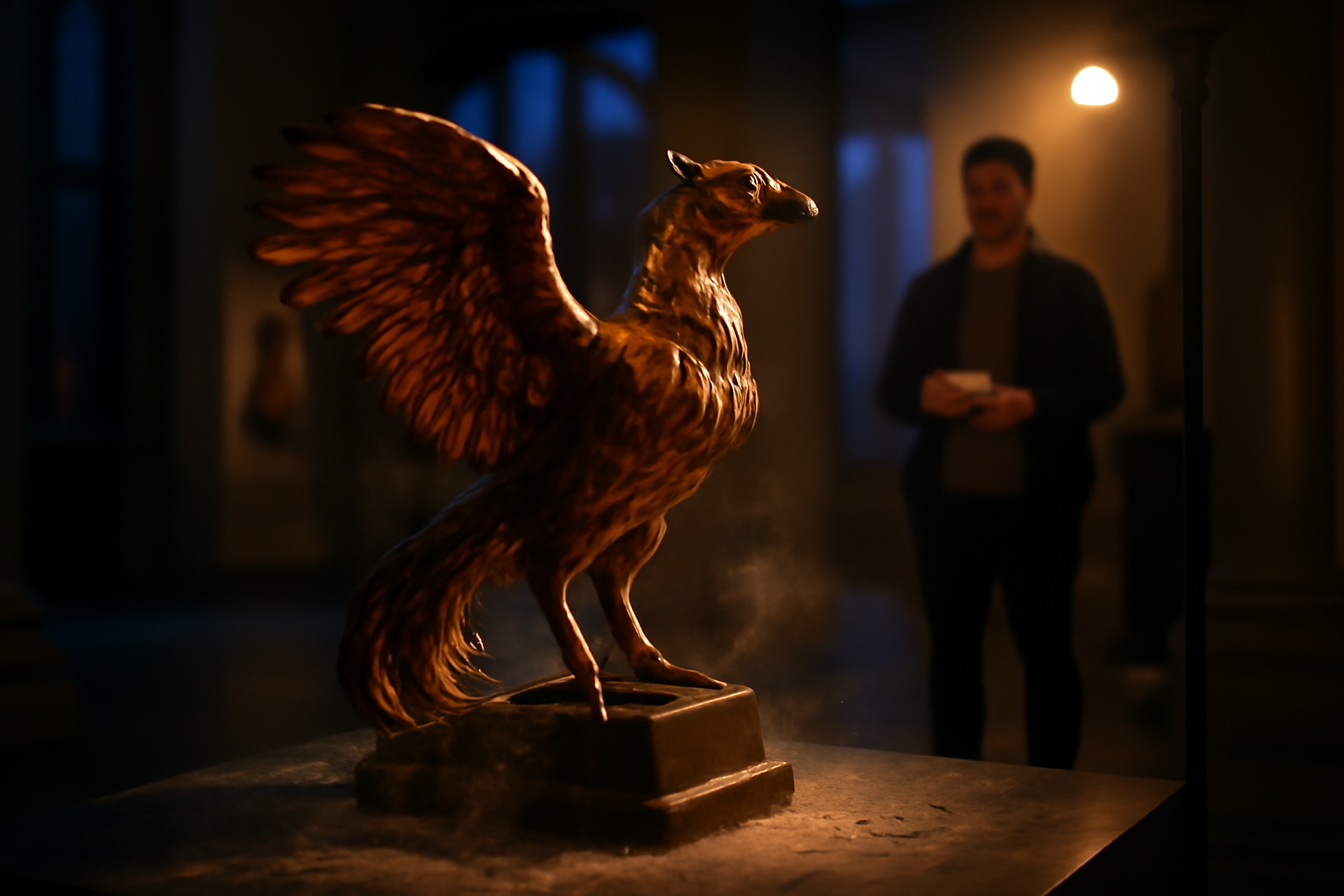 Le phénix : oiseau de feu mythique, flamme stylisée et cendres sur un décor antique