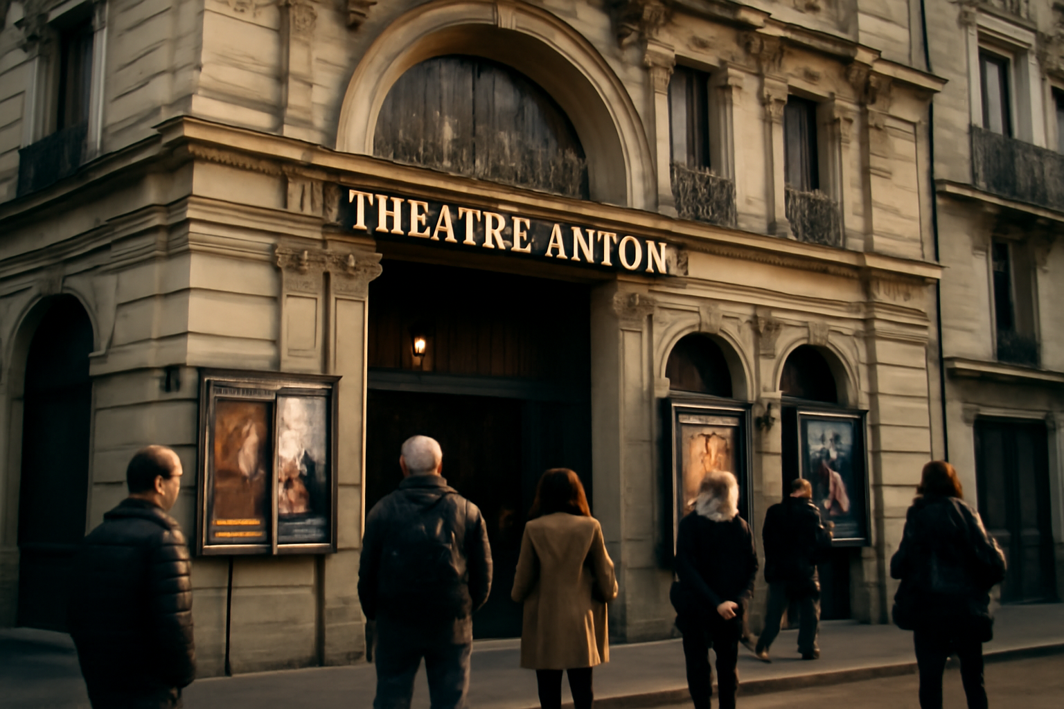 Façade du Théâtre Antoine à Paris 10e le soir, devant des spectateurs attendant l’ouverture de salle