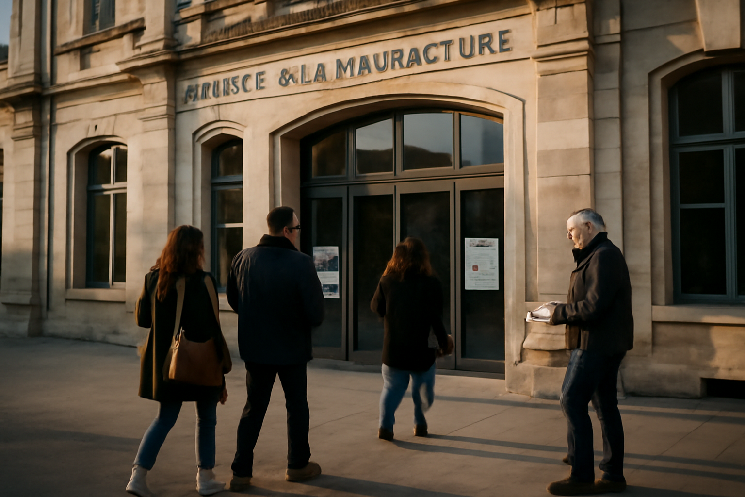 Façade du théâtre de la manufacture à Nancy, entrée et public devant le bâtiment
