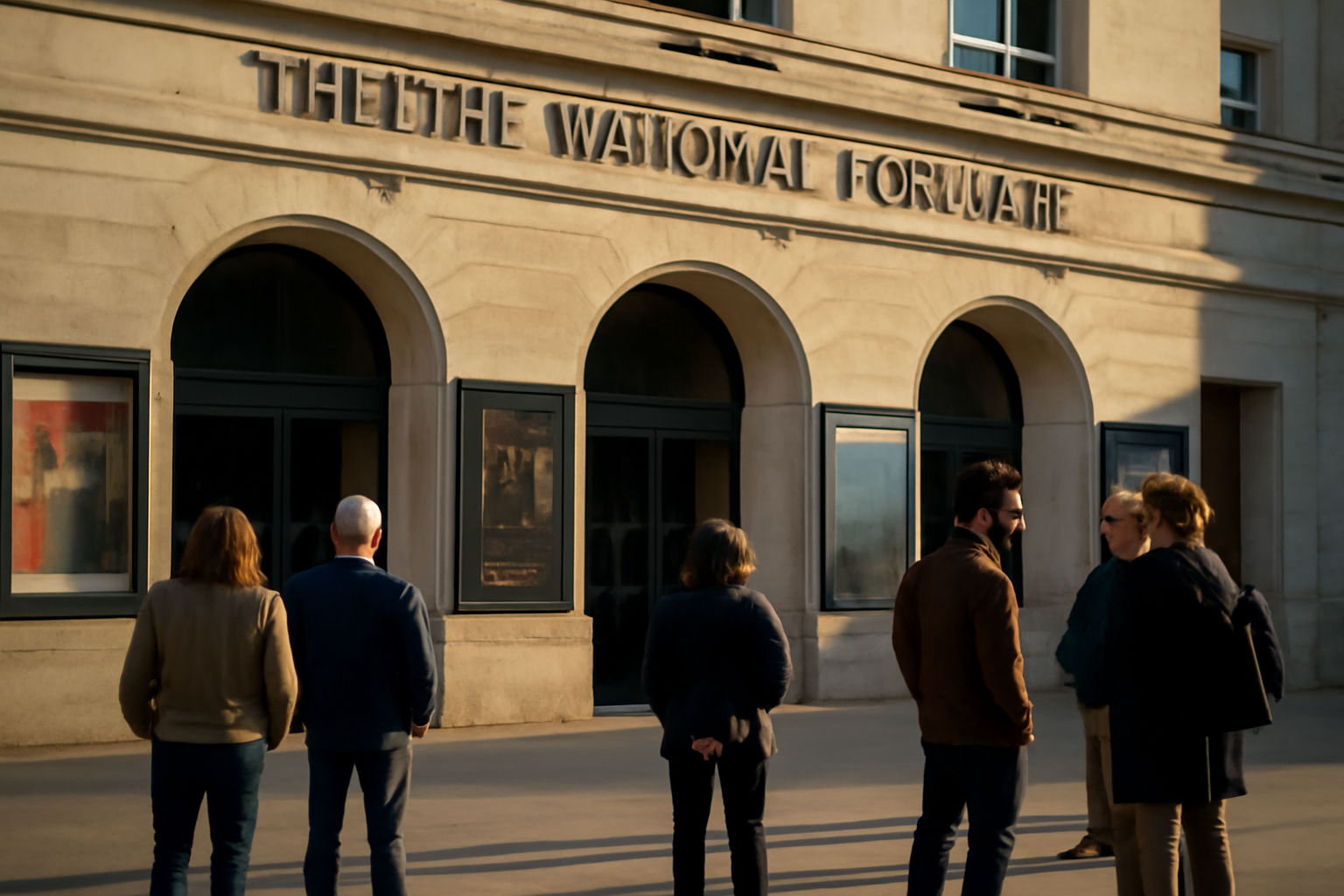 Théâtre national populaire à Villeurbanne, entrée et public attendant avant une représentation