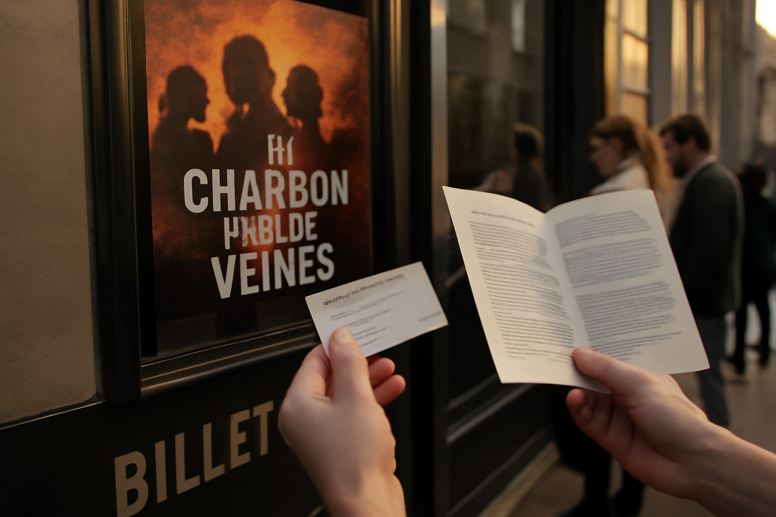 Billets et programme pour « du charbon dans les veines » devant une billetterie de théâtre parisien