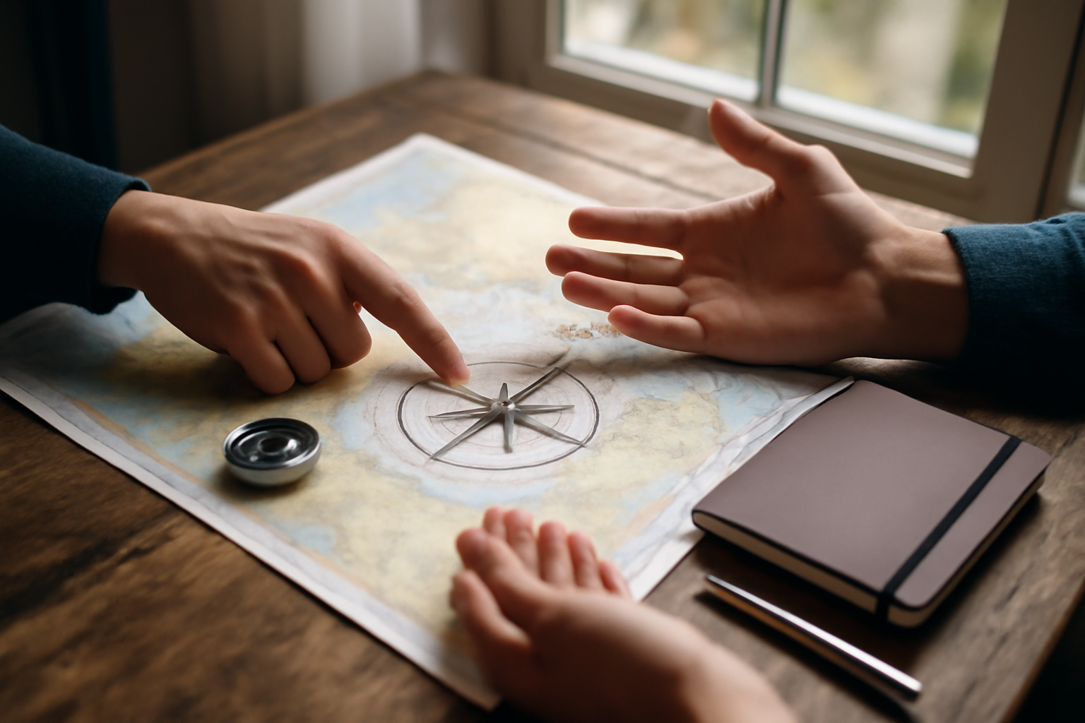 Rose des vents sur une carte papier, près d’une boussole et d’un carnet de navigation, lumière du jour