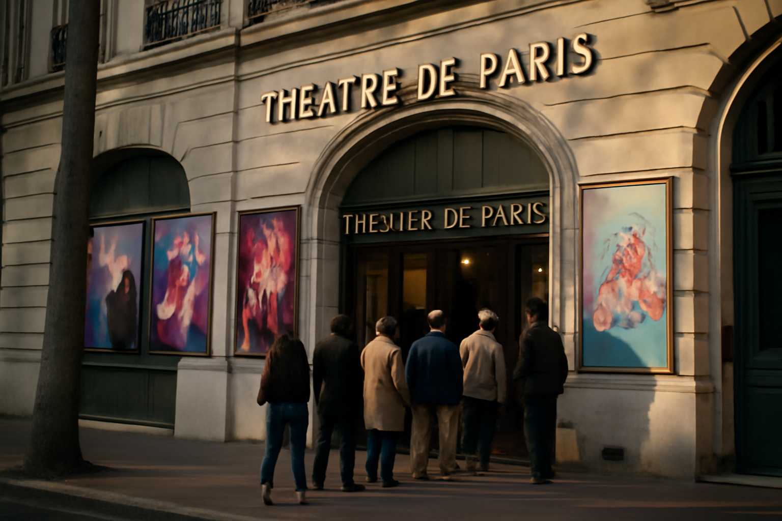 Façade du théâtre de paris à Paris avec file d’attente et affiches de spectacles