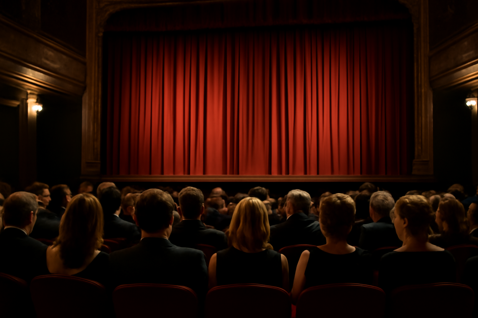Scène du Théâtre Hébertot à Paris avant une représentation, public en salle et ambiance feutrée