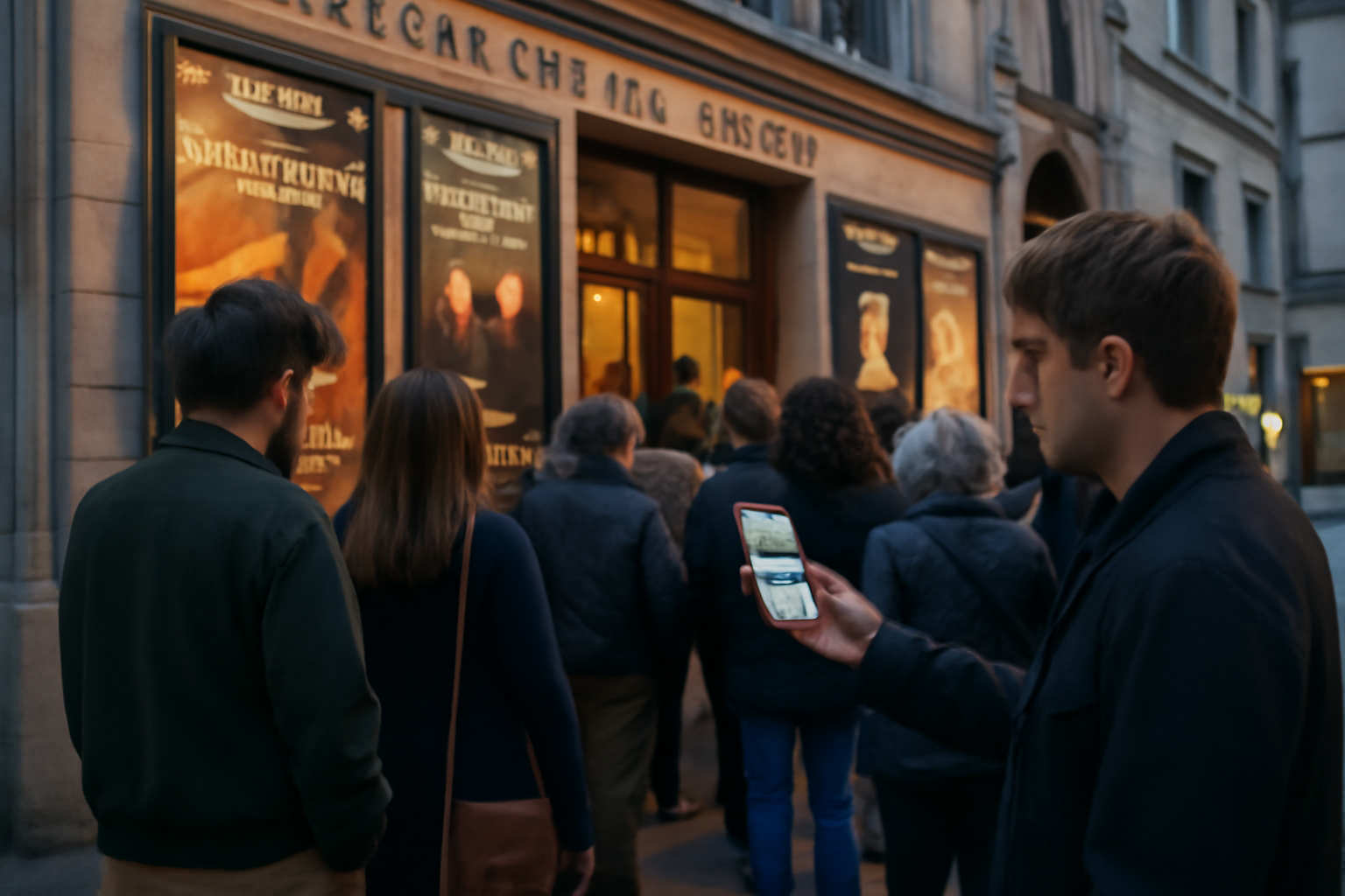 Façade du Théâtre à l’Ouest à Rouen avec affiches de spectacles et file de spectateurs le soir
