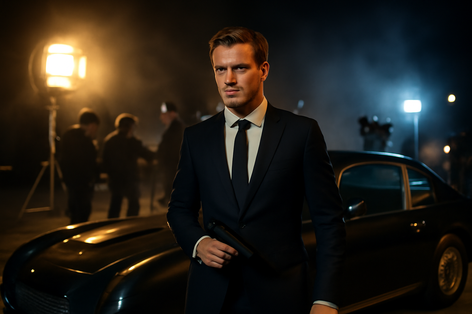 acteurs james bond sur un plateau de tournage avec accessoires de film et éclairage dramatique