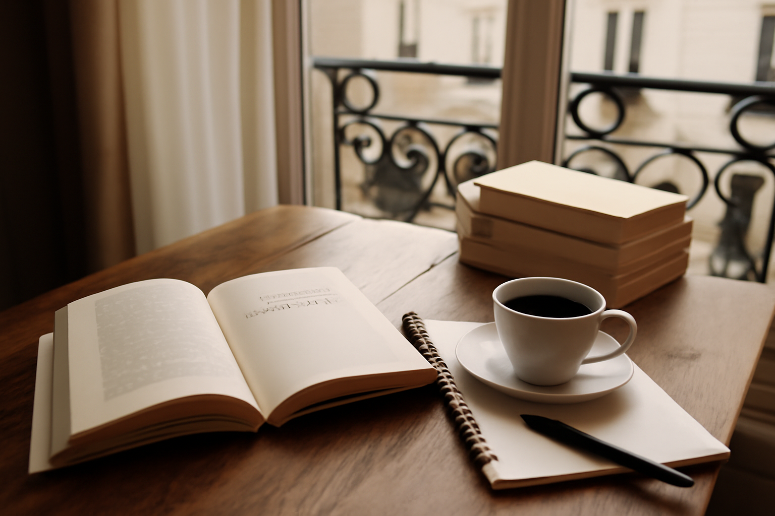 Alexia Stresi, scène de lecture et carnet de notes, lumière naturelle, Paris