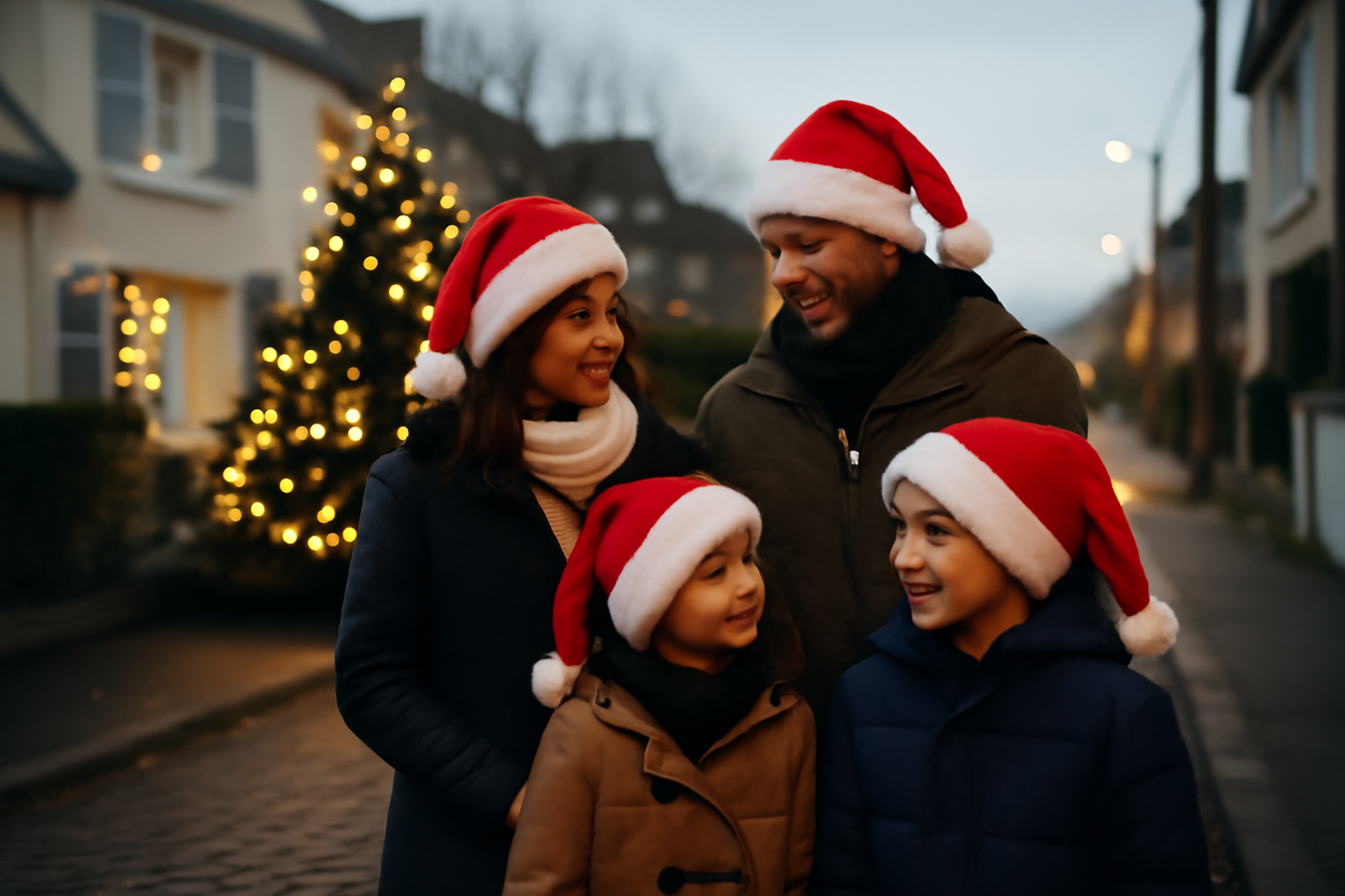 Bonnet noel rouge et blanc avec pompon, porté en extérieur devant un sapin de Noël