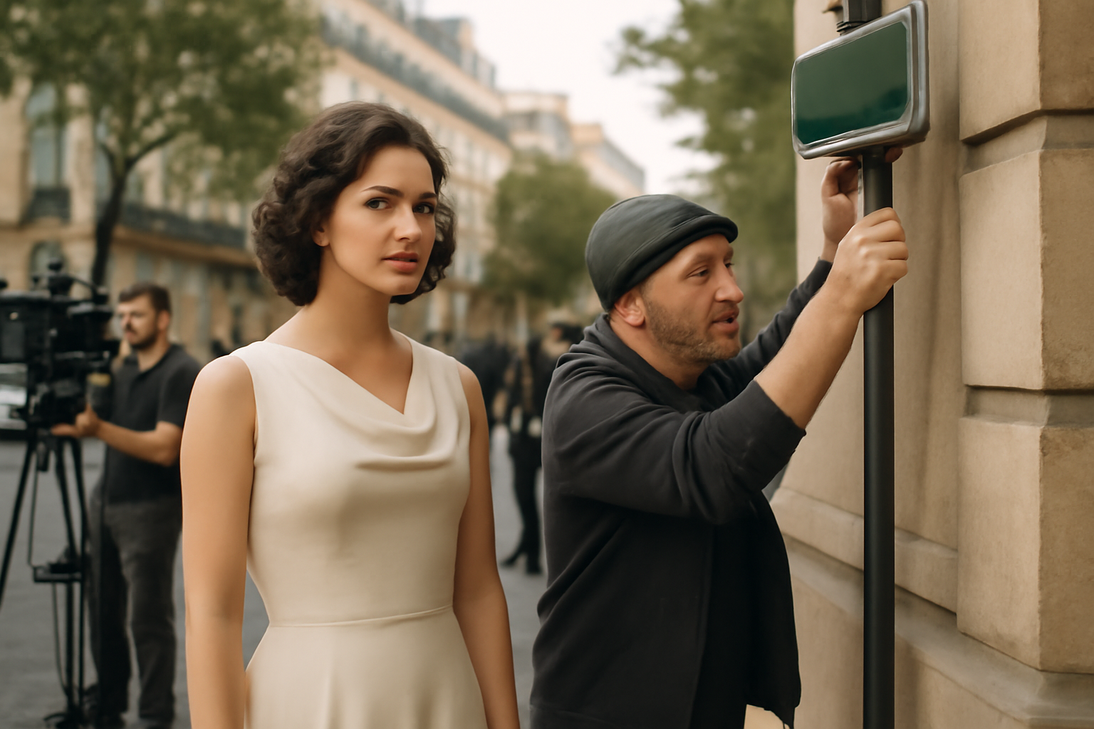 distribution de emily in paris : actrice principale devant un décor parisien, lumière de plateau de tournage