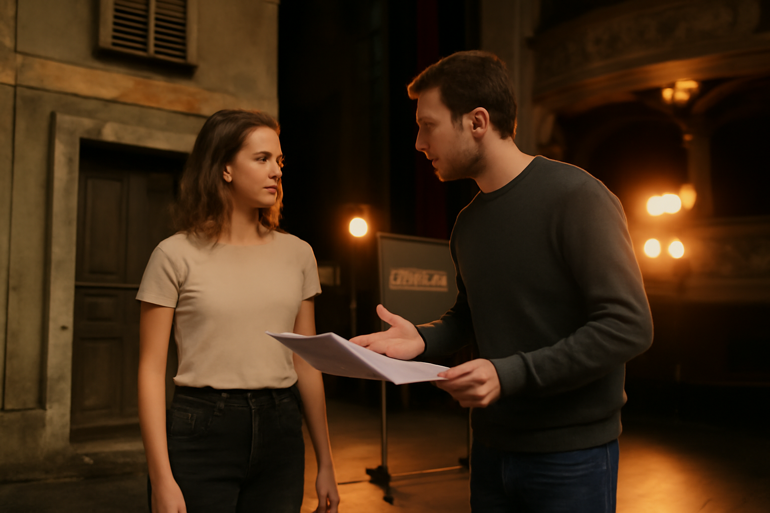 En boucle : répétition d’une scène au théâtre, projecteurs et comédiens sur scène