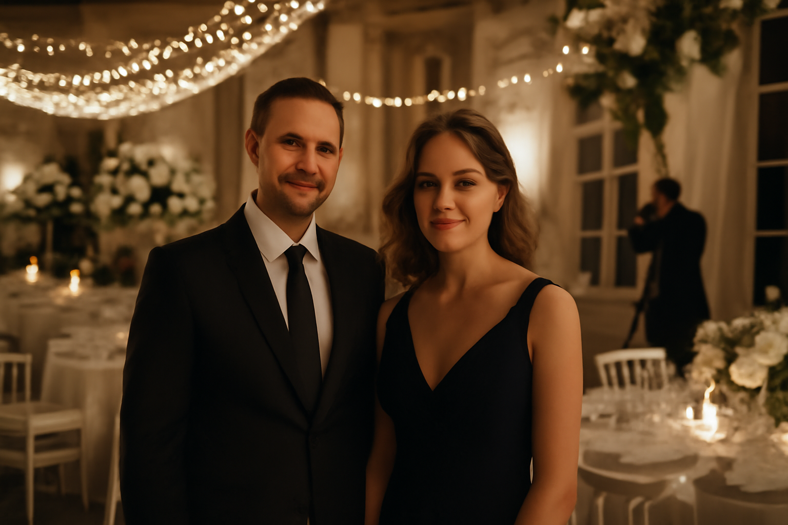 Geoffroy Lejeune et Charlotte d’Ornellas, scène de mariage en France avec décor de réception et tenues élégantes