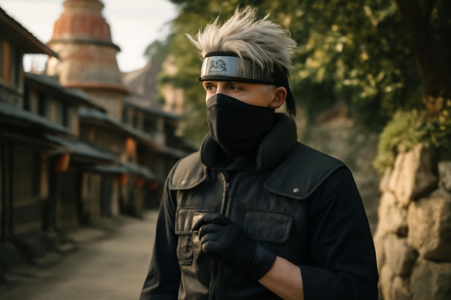 kakashi hataké à Konoha, regard sérieux, bandeau et Sharingan visible