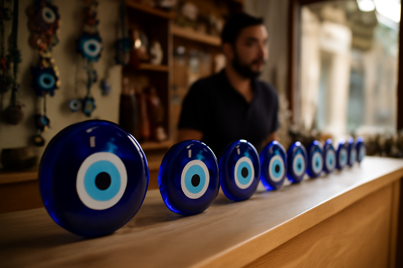Œil turc (nazar boncuk) bleu en verre sur un comptoir de boutique, lumière naturelle