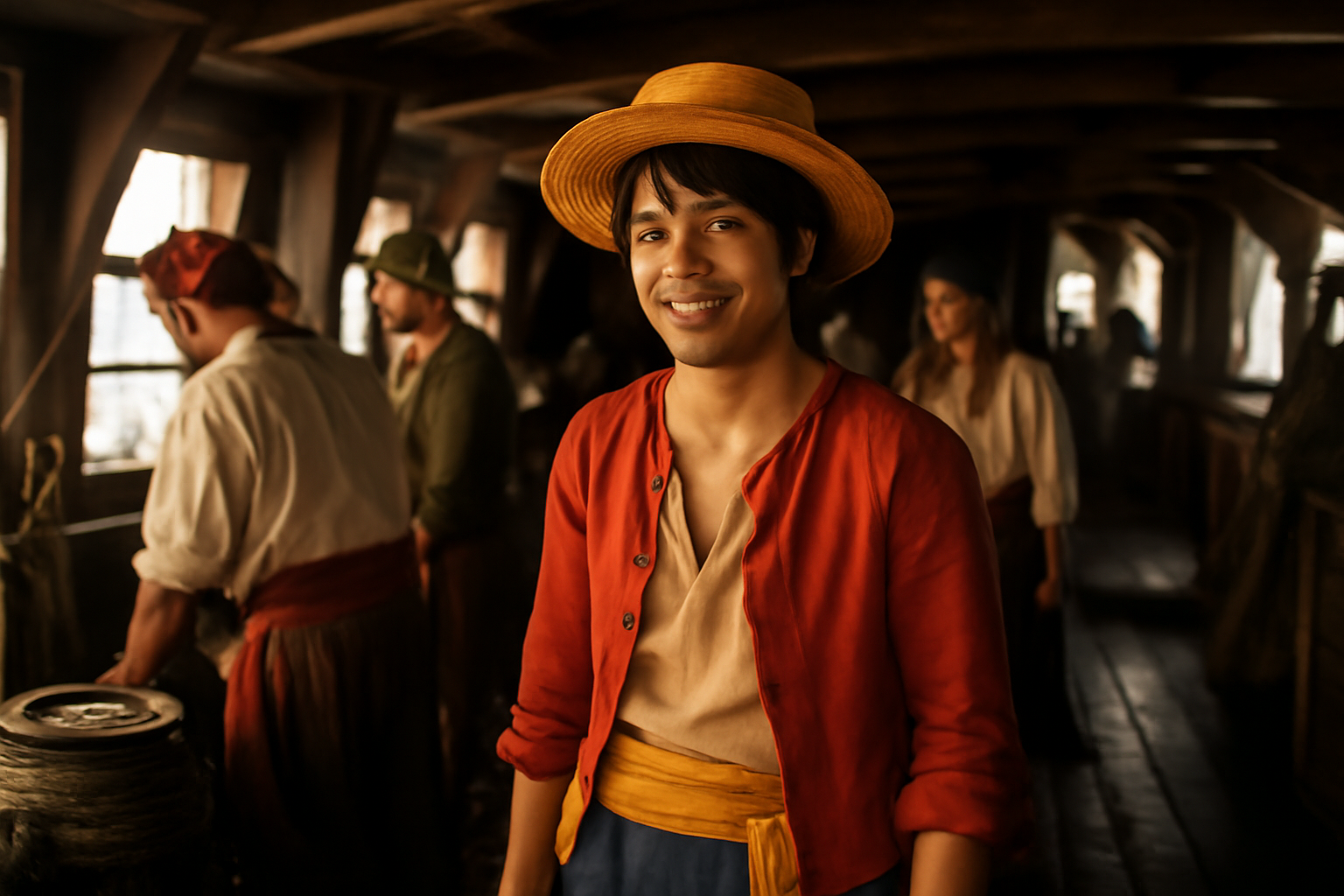 one piece luffy and : Luffy et l’équipage du Chapeau de Paille à bord d’un navire, scène photo réaliste