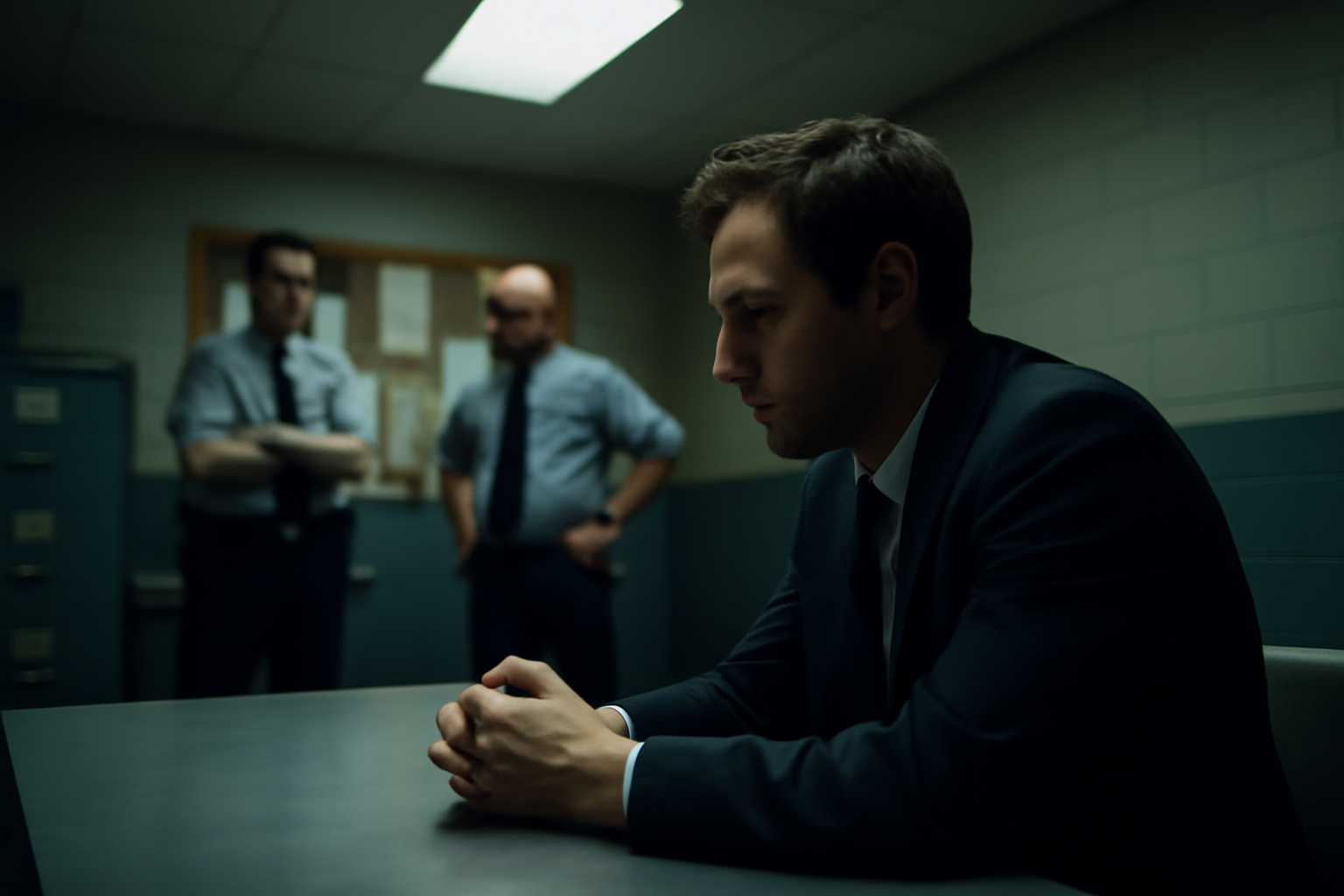 Roger « Verbal » Kint en interrogation, lumière froide dans un commissariat, ambiance thriller