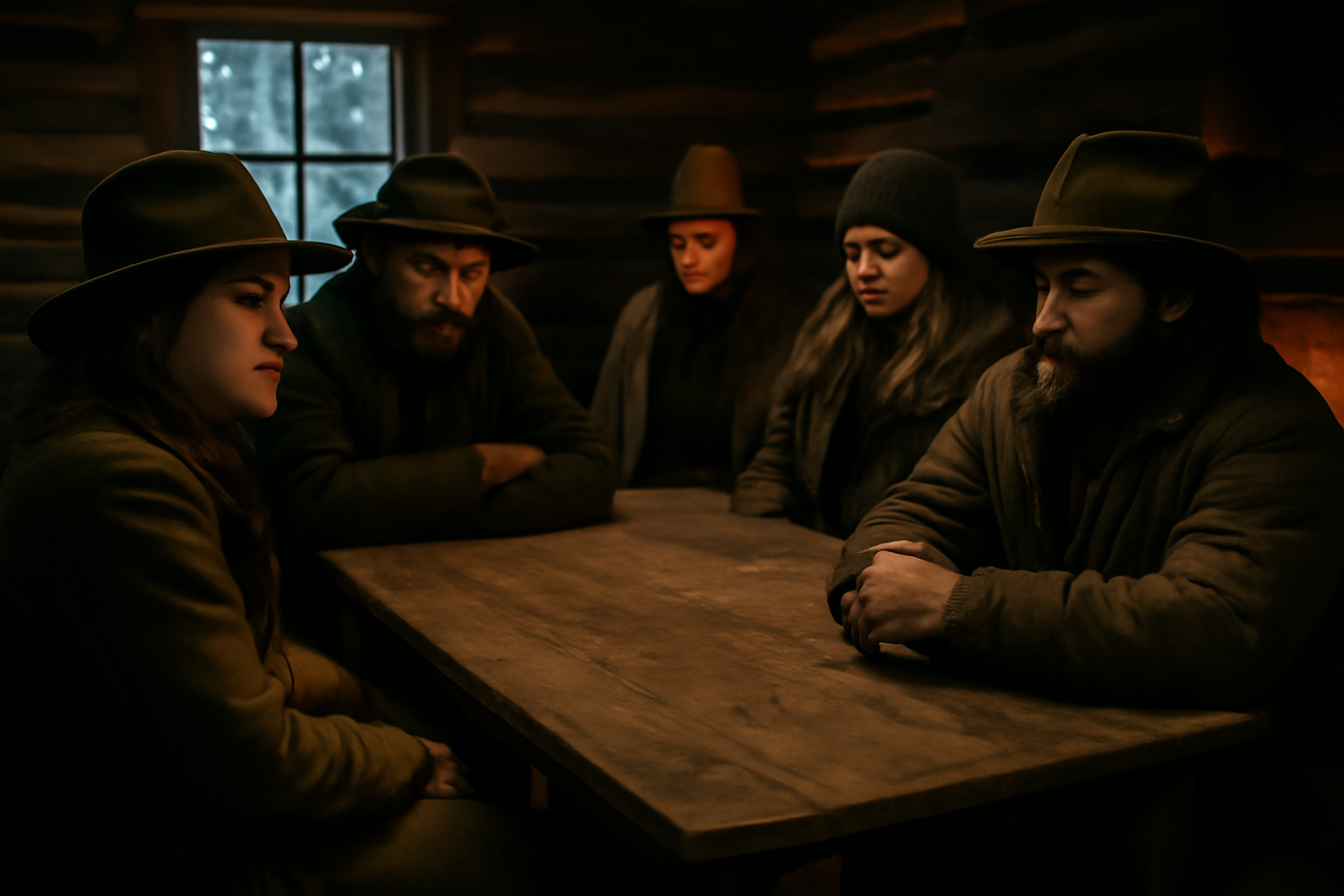 tarantino hateful eight : cabane isolée par un blizzard dans le Wyoming, personnages en intérieur