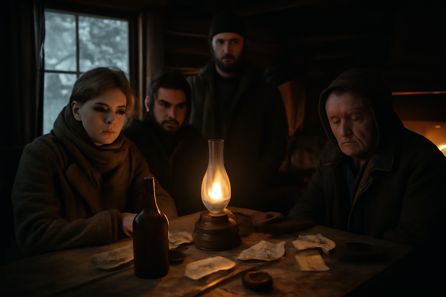 tarantino hateful eight : échange tendu dans une cabane, regards et tension au cœur du blizzard