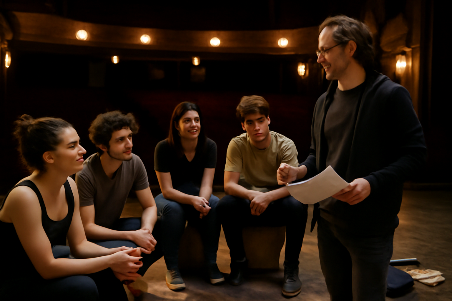 Une scène de théâtre répétition avec un metteur en scène observant une répétition, éclairage de salle, ambiance de travail