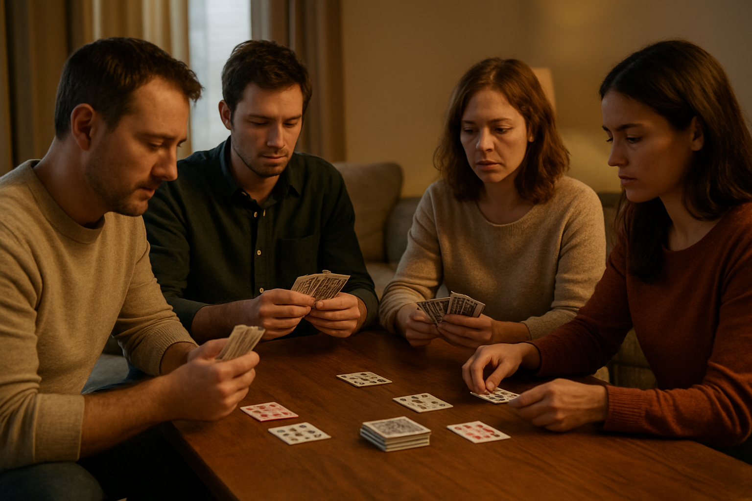 Table de jeu avec cartes et tas central pour la bataille corse, ambiance soirée jeux
