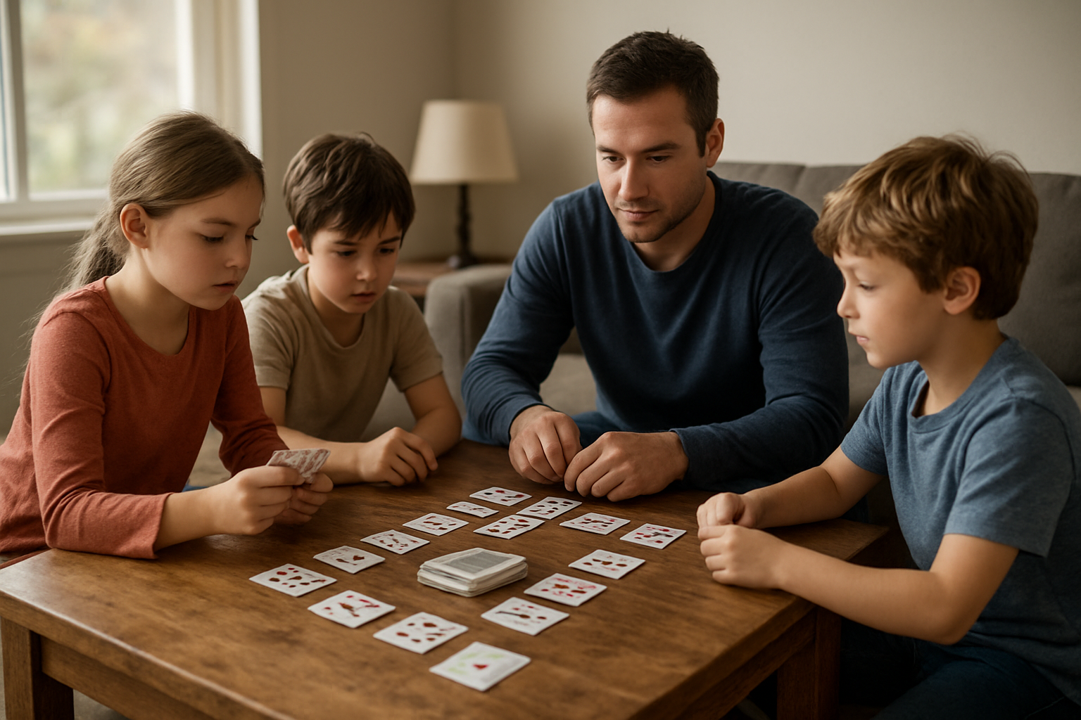Cartes étalées et tas central au milieu pendant une partie de bataille corse en famille