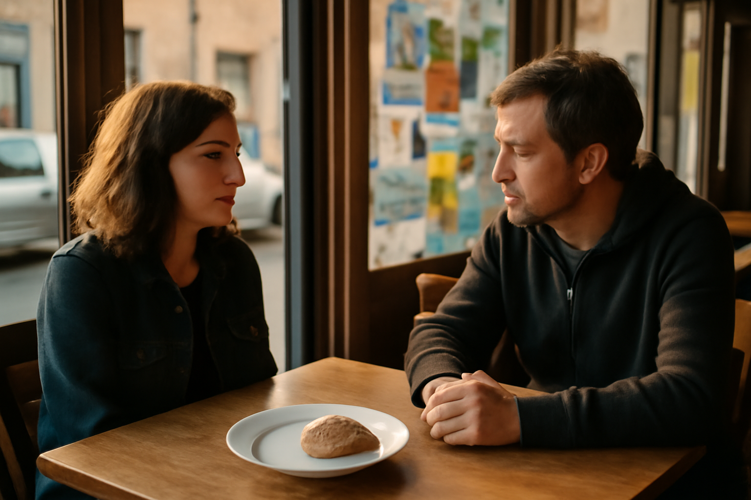 Un personnage de rue au café, pain et croûte sur la table, ambiance populaire, lumière naturelle réaliste