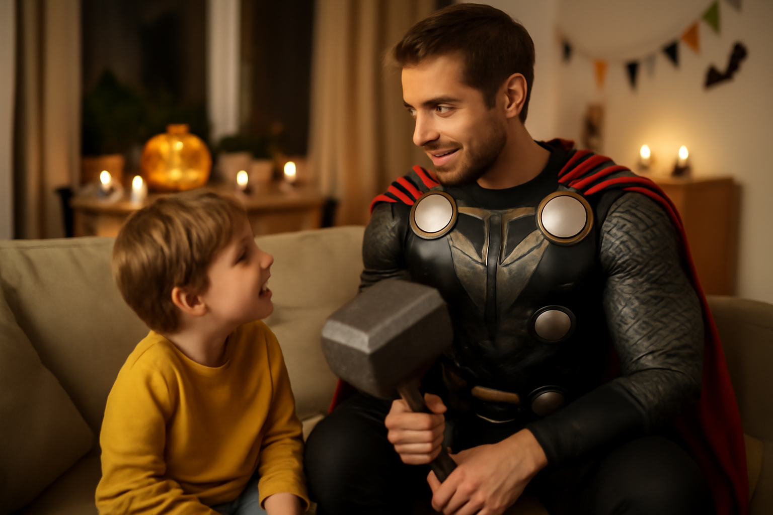 Déguisement thor avec cape et marteau, scène photo réaliste en intérieur