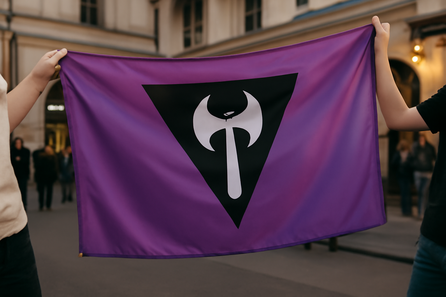 drapeau lesbien violet avec labrys et triangle inversé lors d’un événement culturel en France