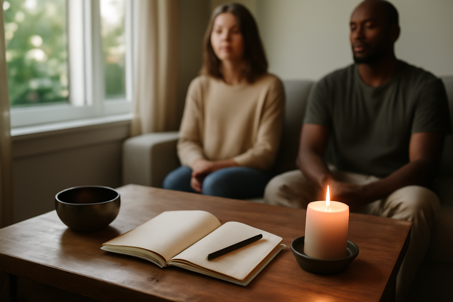 Photo réaliste d’une lecture de notes et d’un bol de méditation près d’une fenêtre, lumière douce, ambiance calme