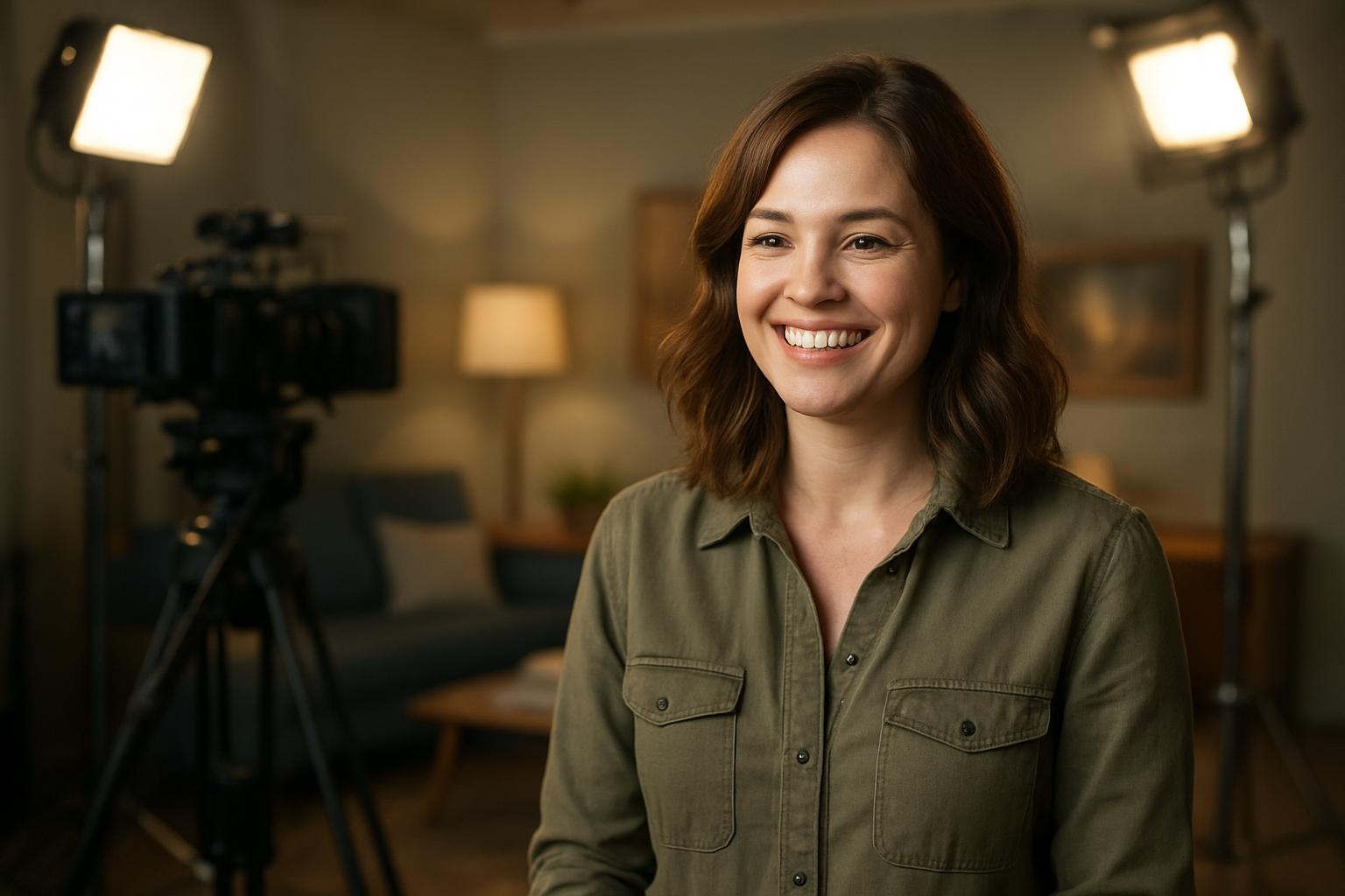 Portrait photo réaliste de Florence Longpré sur un plateau de tournage, ambiance télévision québécoise