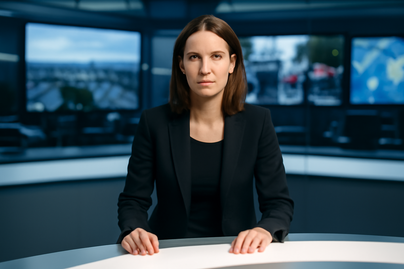Photo réaliste d’une journaliste présentatrice française, type plateau d’information, évoquant le parcours de Julie Hammett