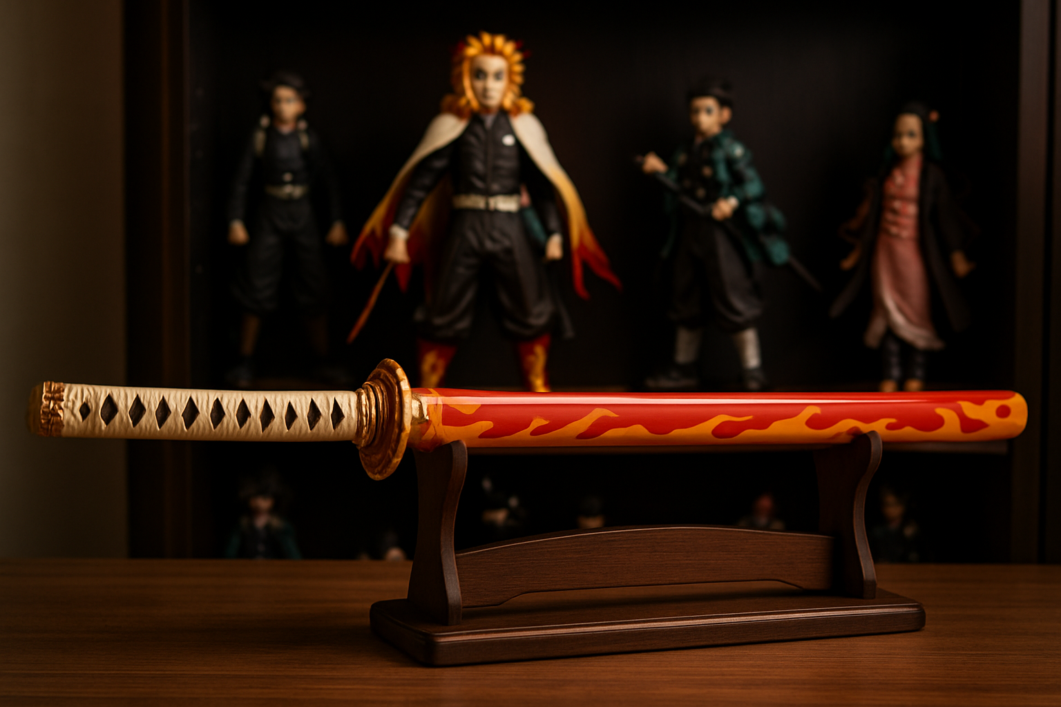 Katana Rengoku Kyojuro en vitrine, fourreau et garde visibles sous lumière chaude