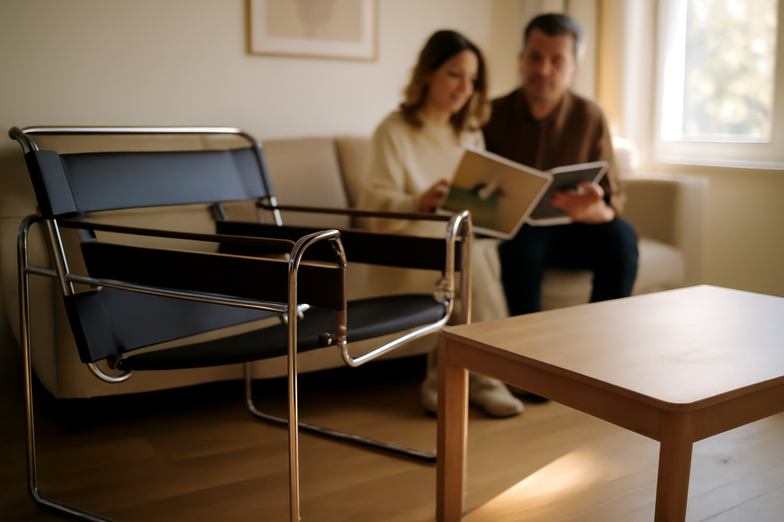Chaise Wassily de Marcel Breuer en métal tubulaire, lumière naturelle en intérieur