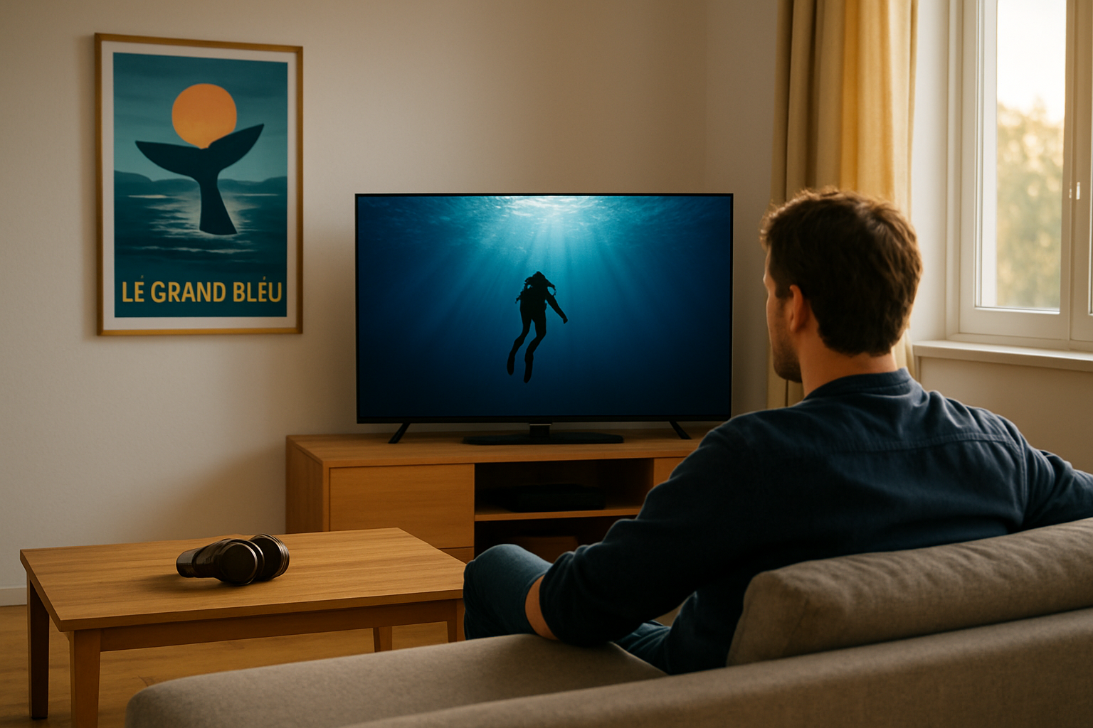 Plongée en apnée au large, affiches du film « Le grand bleu » sur un écran de salon