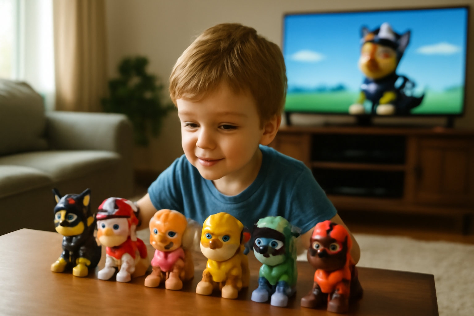 Photo réaliste d’un enfant regardant la Pat Patrouille avec des figurines représentant Chase, Marcus, Stella, Ruben, Rocky et Zuma sur une table, lumière naturelle, intérieur salon