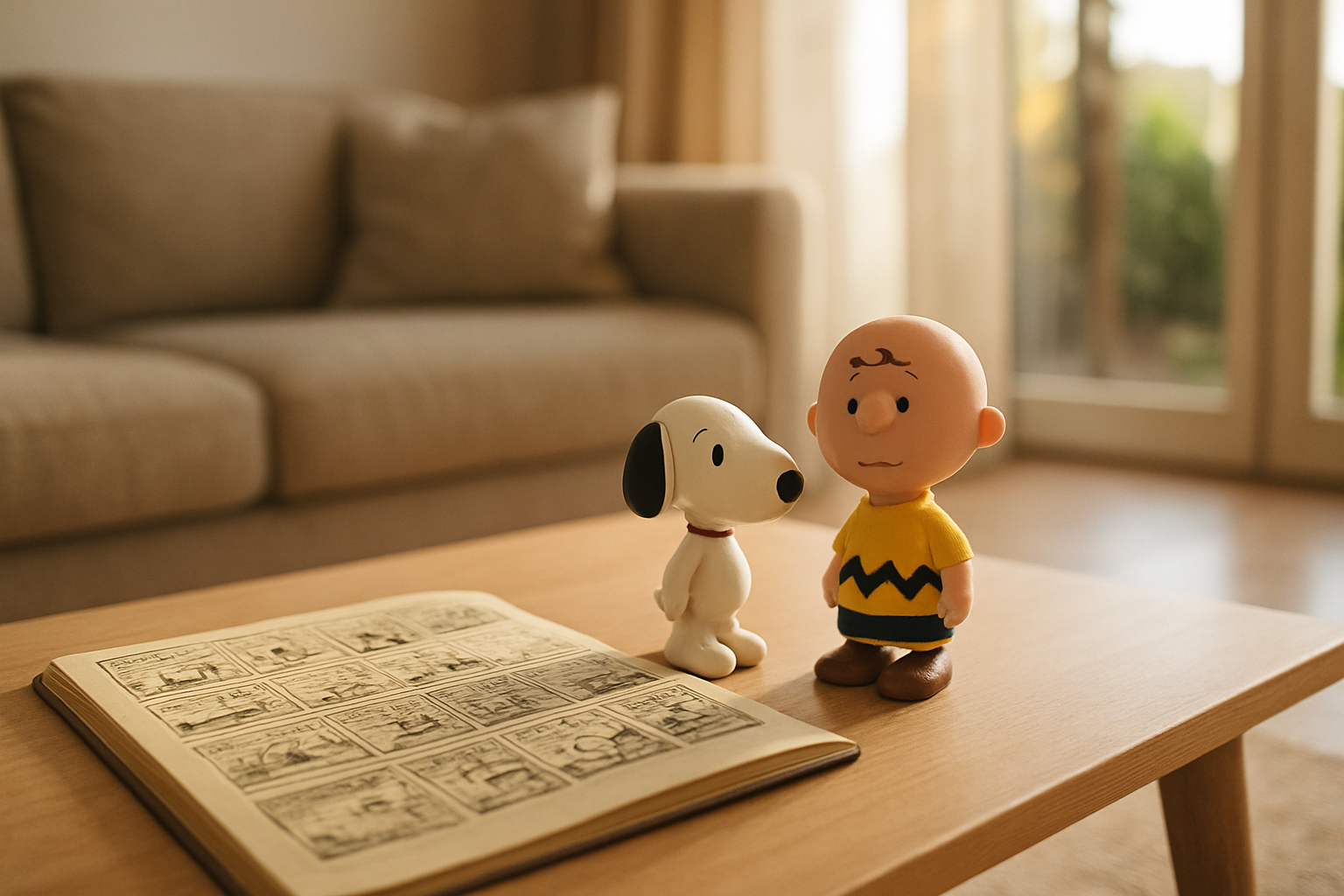 Personnages Snoopy et Charlie Brown dans une scène de bande dessinée, style photo réaliste, lumière douce