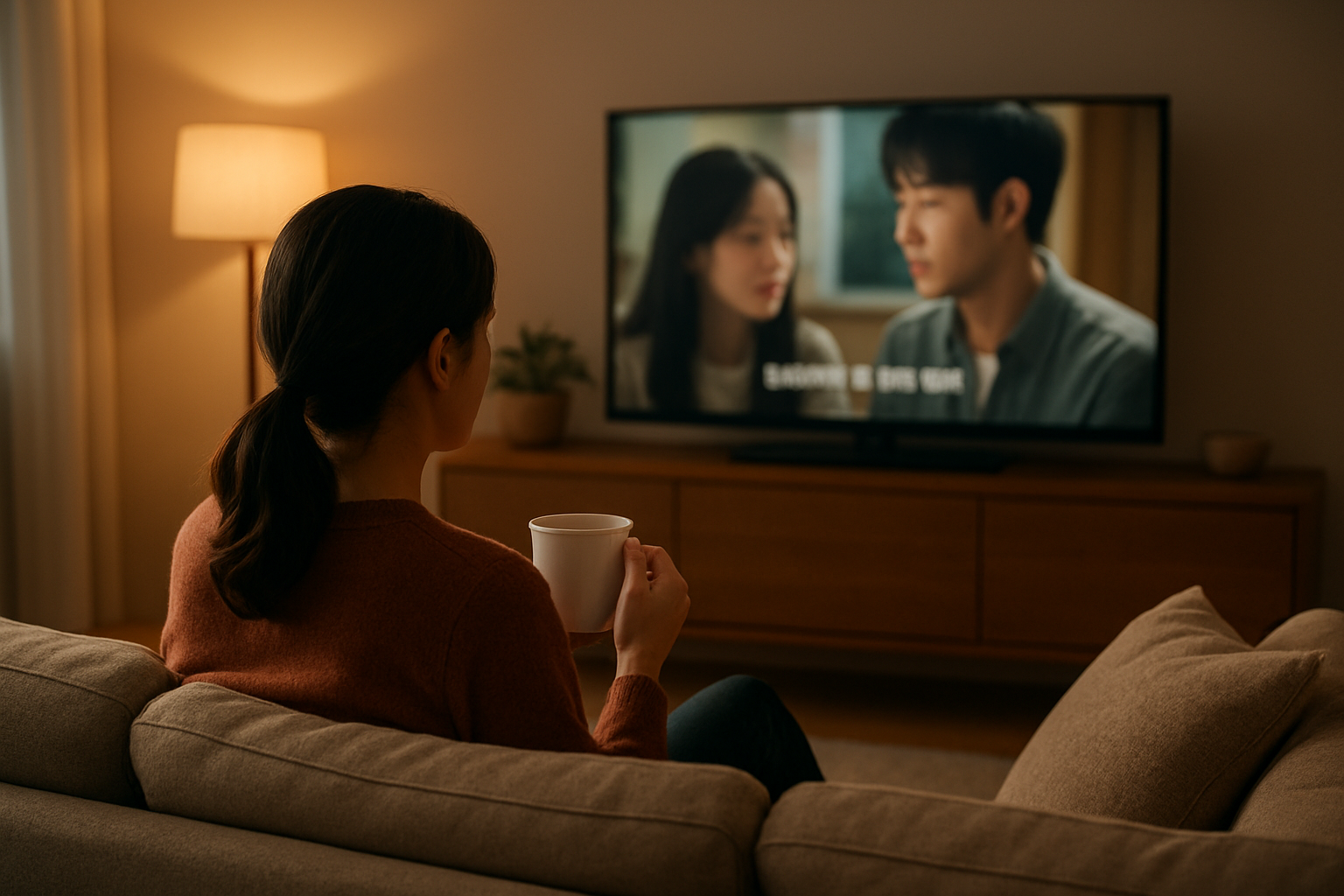 Ahn Hyo Seop regardé dans une série coréenne sur un écran, ambiance salon cosy
