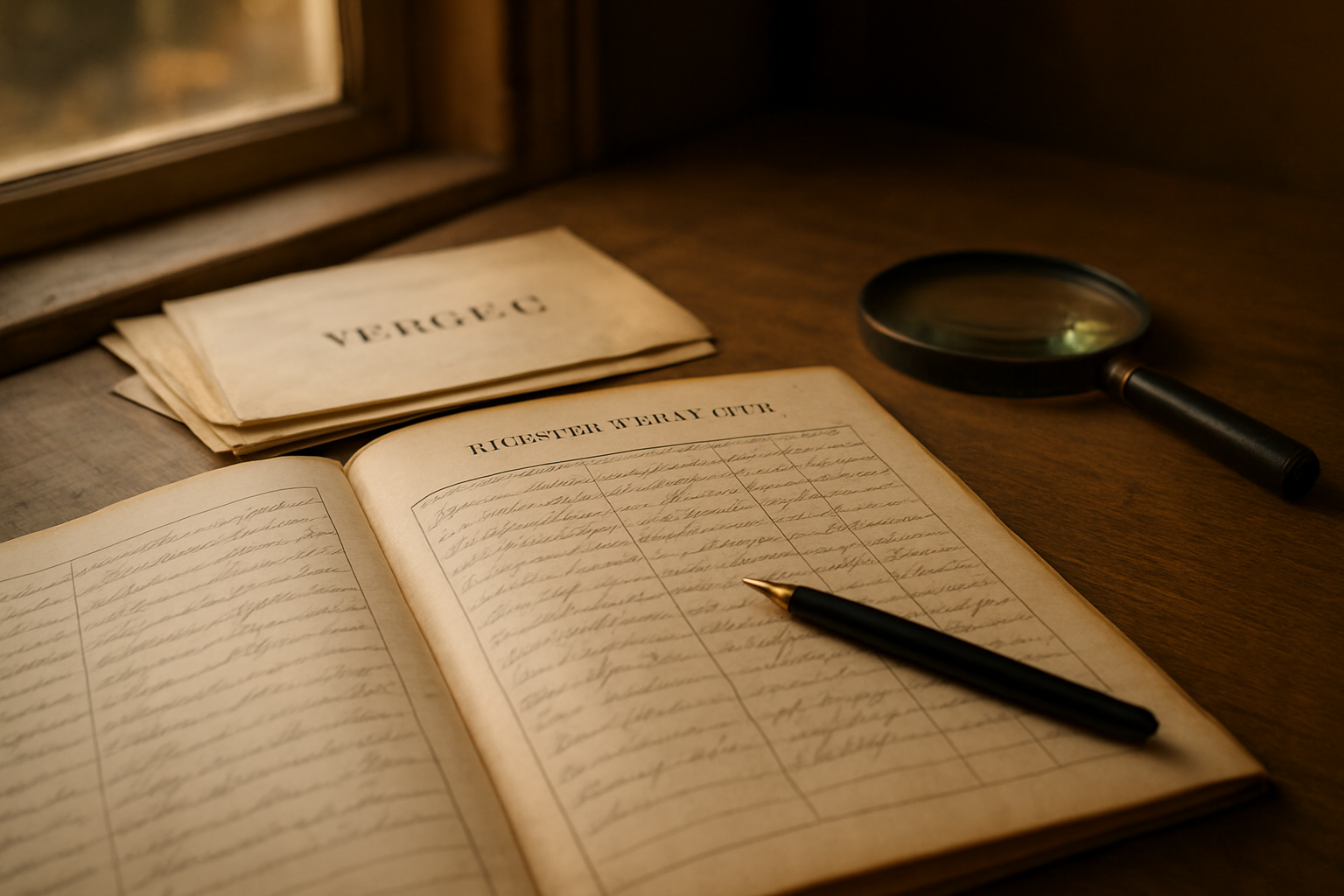 Registre d’état civil et documents anciens avec le nom « Vergeu » sur une table, lumière de fin d’après-midi