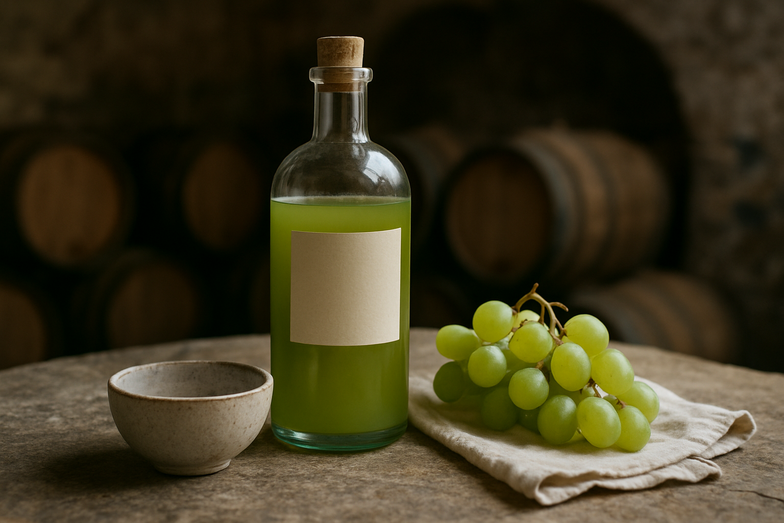 Verjus dans une bouteille en verre et raisins verts sur un linge, ambiance cave viticole
