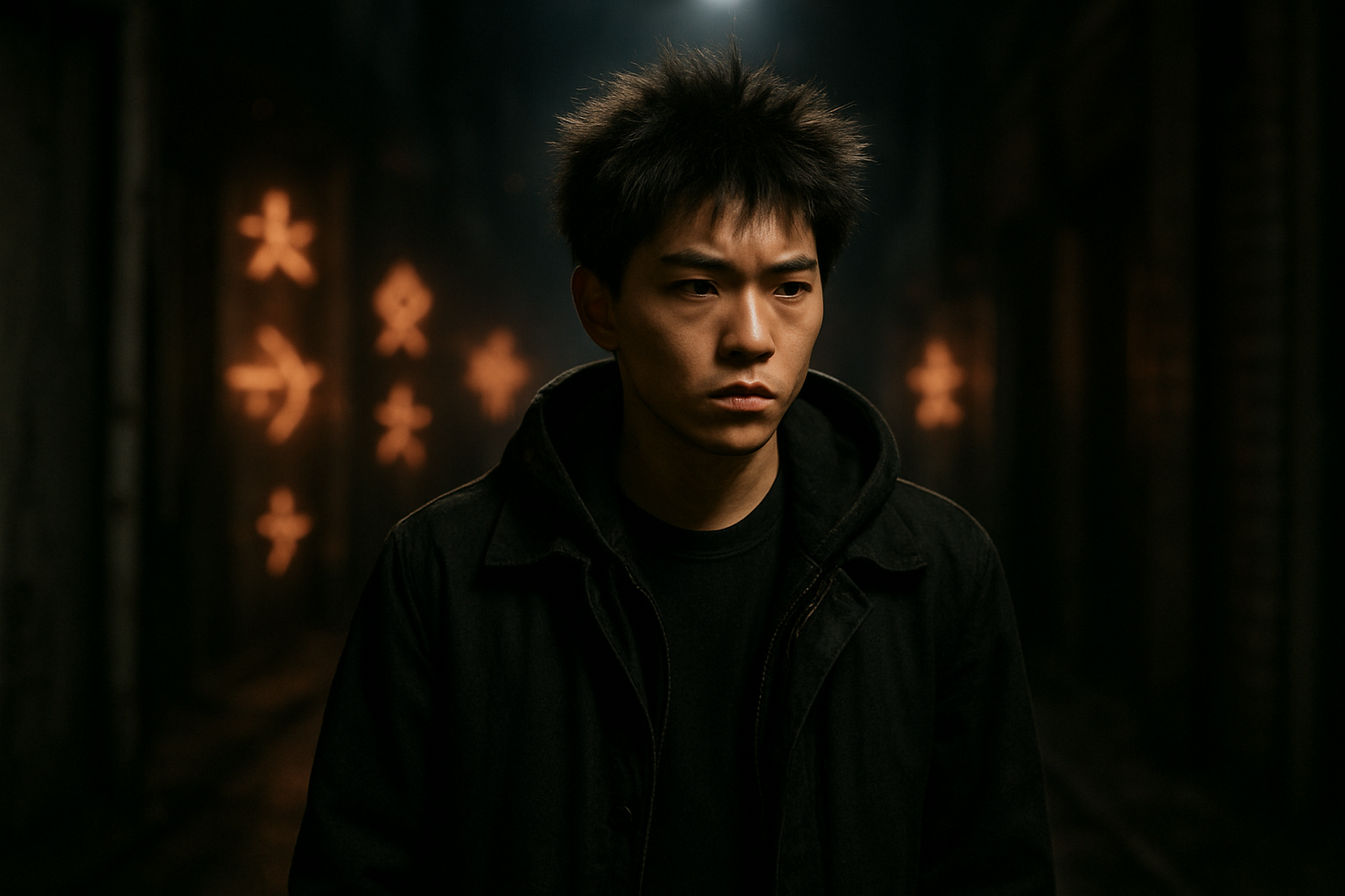 Yuji Itadori dans un décor sombre de Jujutsu Kaisen, lumière dramatique